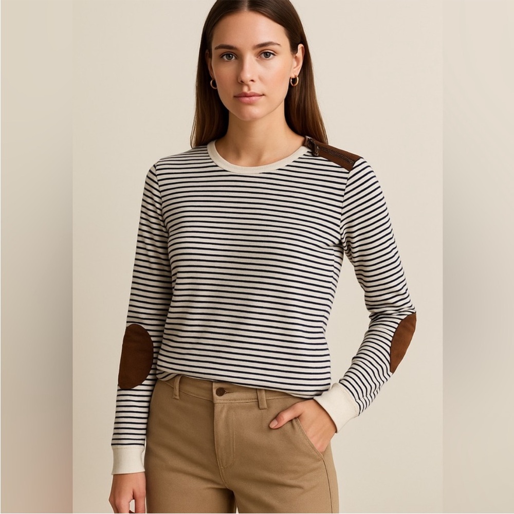 Lauren Ralph Lauren Stripped Long Sleeve Brown Faux Suede Elbow Patches Top L